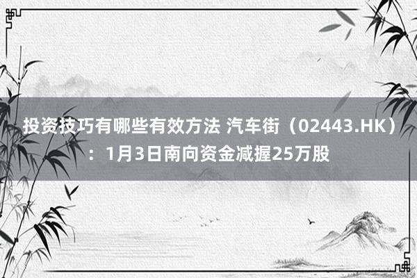 投资技巧有哪些有效方法 汽车街（02443.HK）：1月3日南向资金减握25万股